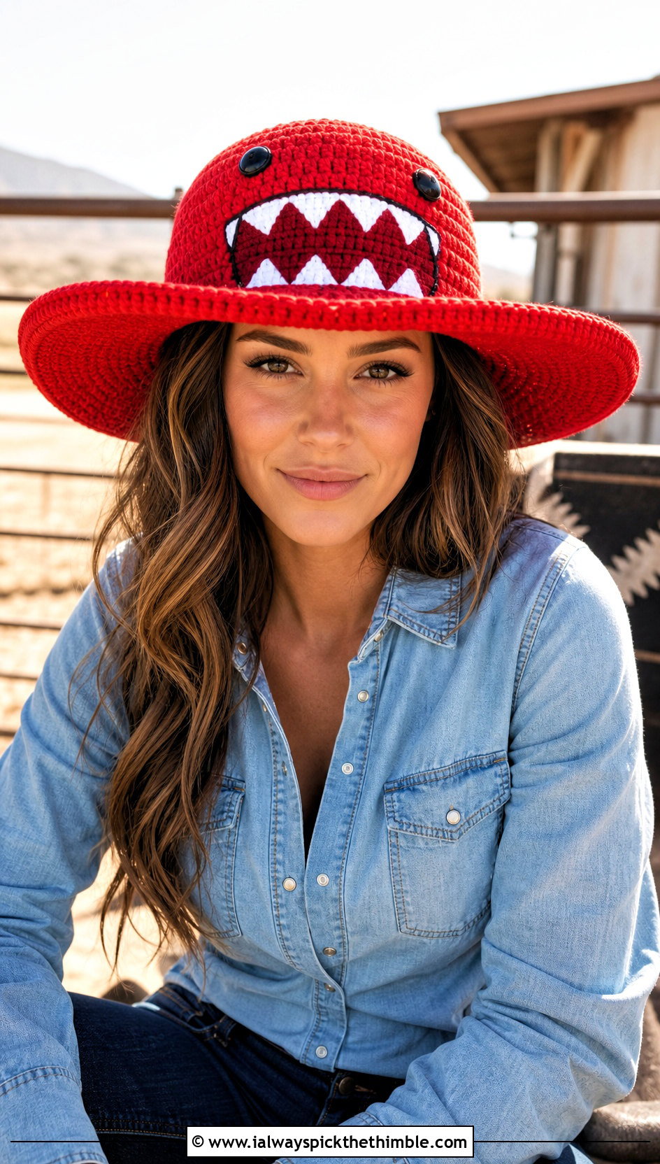 Domo Kun Crochet Wide Brim Hat With Western Denim Outfit - 20 Domo Kun Crochet Hat outfit ideas