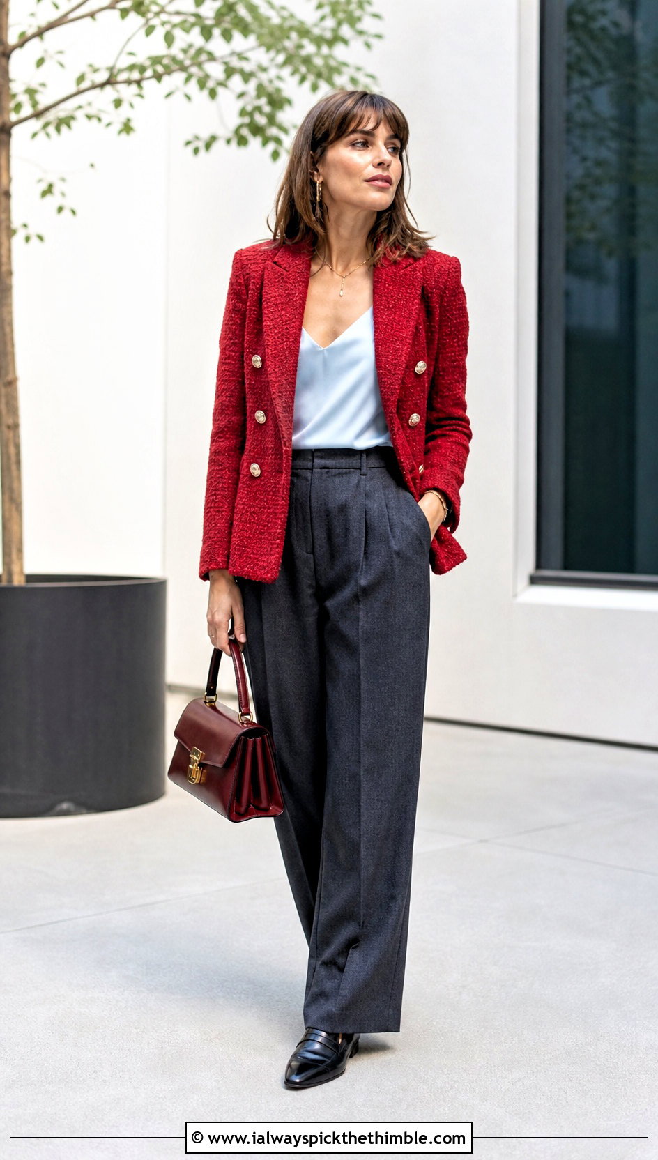 Double Breasted Crochet Tweed Jacket With Pleated Pants - 20 crochet tweed jacket outfit ideas