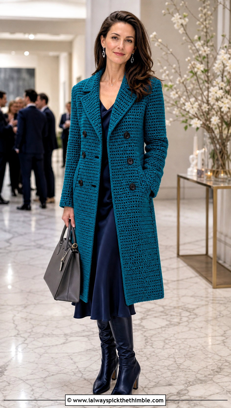 Double Breasted Crochet Winter Coat With Midi Dress - 20 Crochet Winter Coat outfit ideas