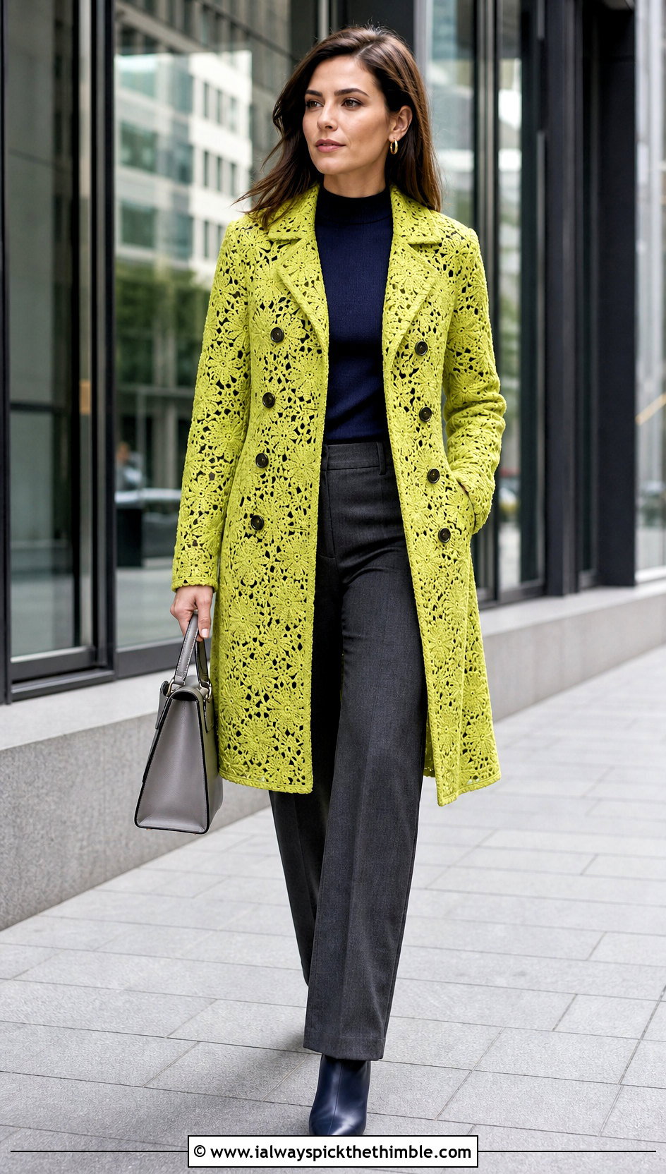 Double Breasted Irish Crochet Coat With Straight Trousers - 20 irish crochet coat outfit ideas