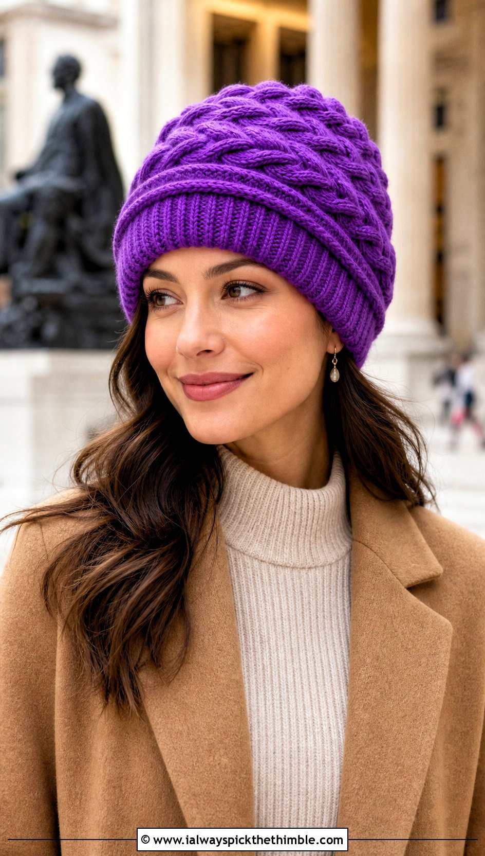 Double Brim Cable Crochet Beanie With Sweater Dress - 15 cabled crochet beanie design outfit ideas