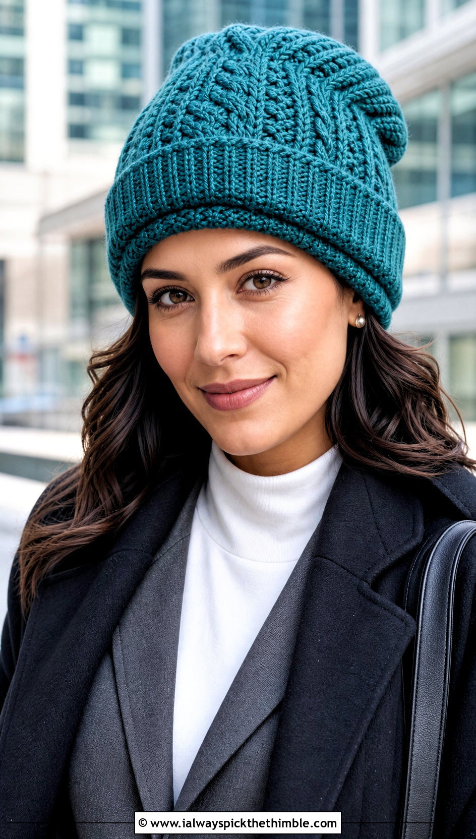 Double Brim Cable Stitch Beanie With Tailored Blazer - 20 Crochet Cable Stitch Beanie outfit ideas