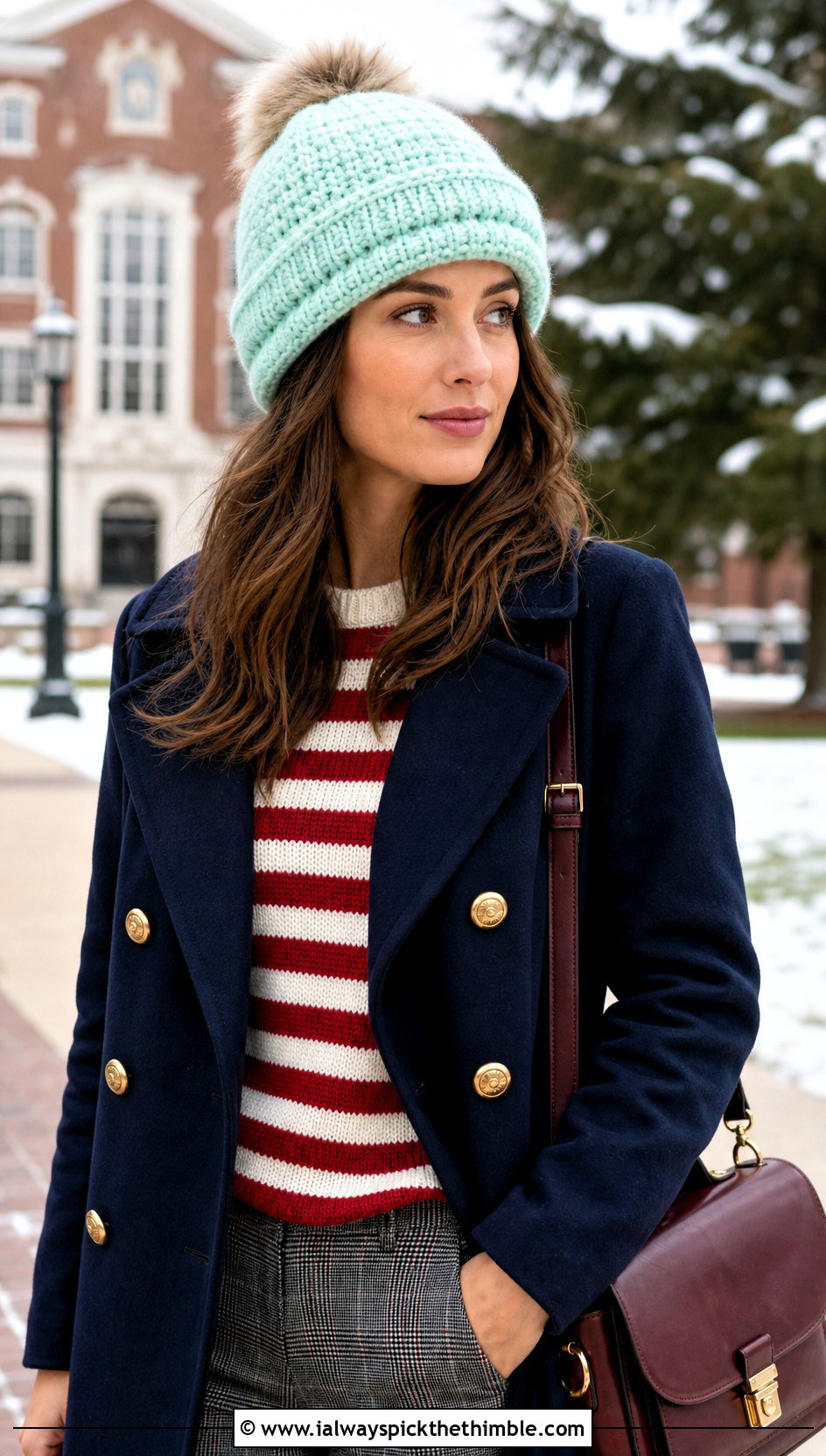 Double Brim Crochet Beanie With Fur Pom Pom And Peacoat - 15 Crochet Hat With Fur Pom Pom outfit ideas