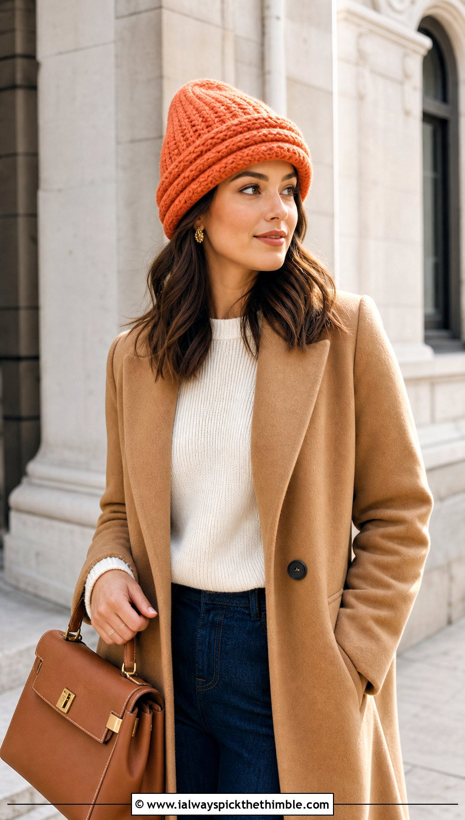 Double Brim Crochet Beanie With Wool Coat And Wide Leg Jeans - 20 Crochet Beanie That Looks Like Knit outfit ideas