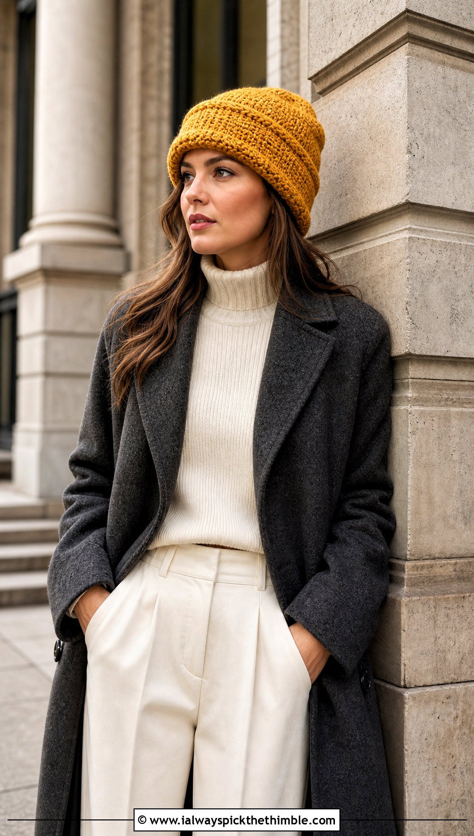 Double Brim Double Crochet Beanie With Wool Coat And Wide Leg Pants - 25 double crochet beanie outfit ideas