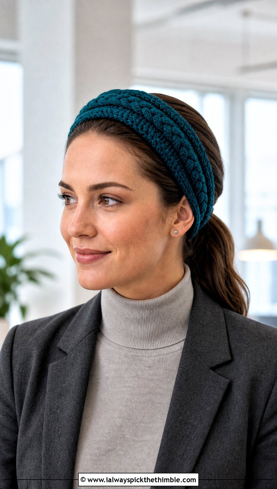 Double Cable Headband With Blazer and Trousers - 15 easy crochet cable headband earwarmer outfit ideas