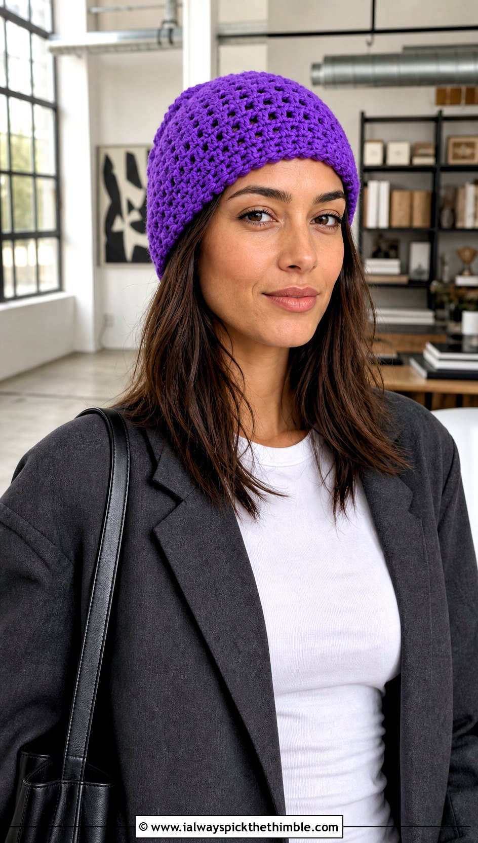 Double Crochet Beanie With Blazer And Wide Leg Pants - 25 simple crochet hat outfit ideas