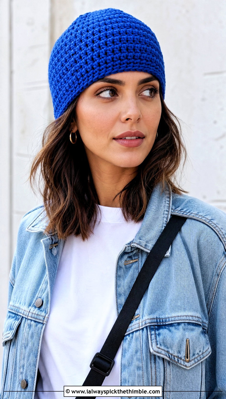 Double Crochet Beanie With Denim Jacket - 20 easy simple crochet hats for beginners outfit ideas