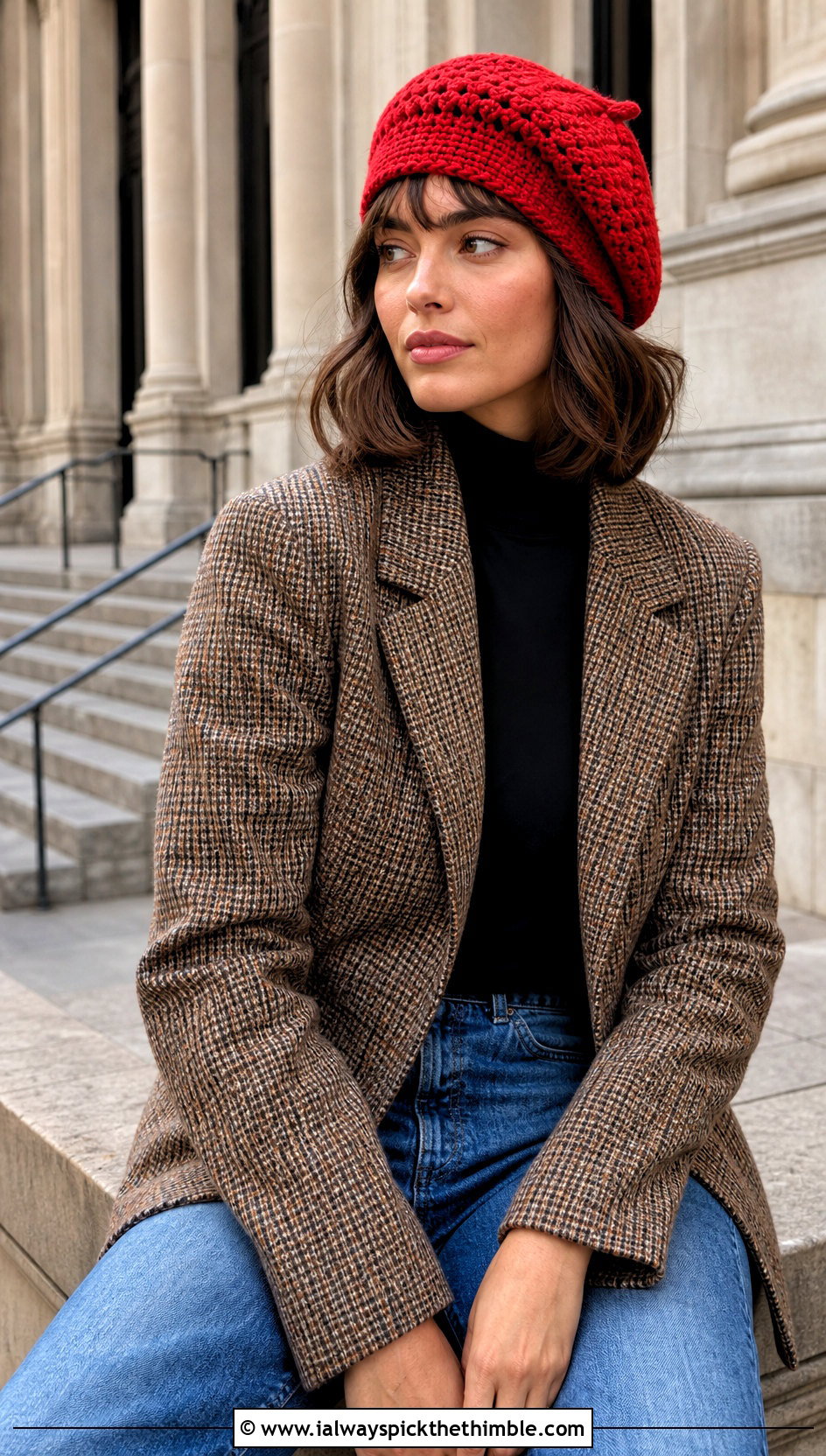 Double Crochet Beret With Tweed Blazer And Straight Jeans - 20 double crochet hat outfit ideas