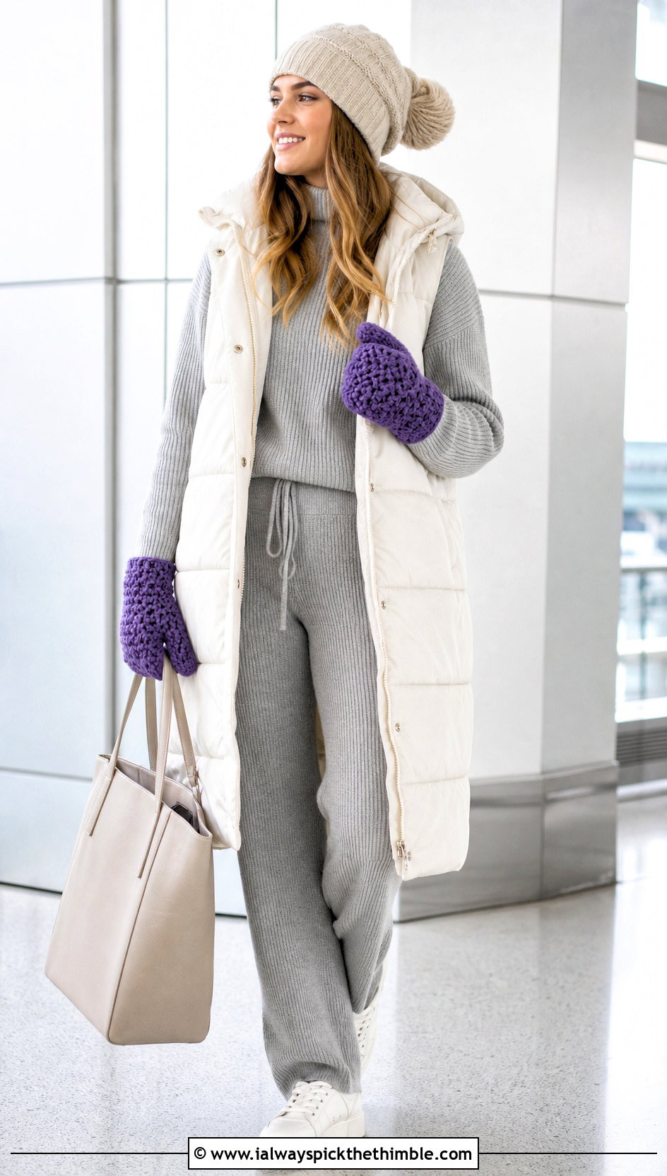 Double Crochet Bulky Yarn Mittens With Matching Knit Set And Sneakers - 20 Crochet Mittens Bulky Yarn outfit ideas