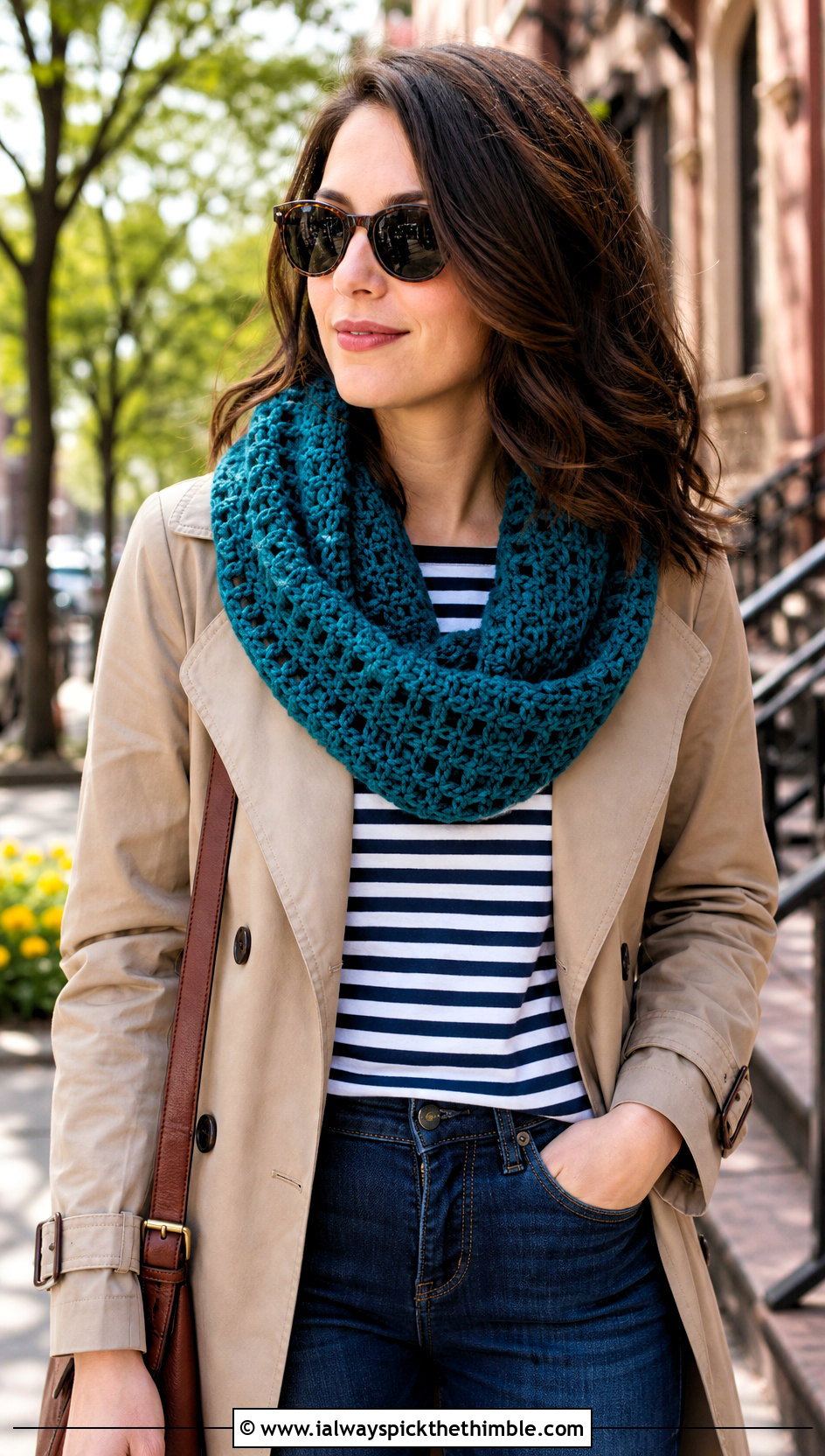 Double Crochet Infinity Scarf With Trench Coat - 20 Beginner Crochet Infinity Scarf outfit ideas