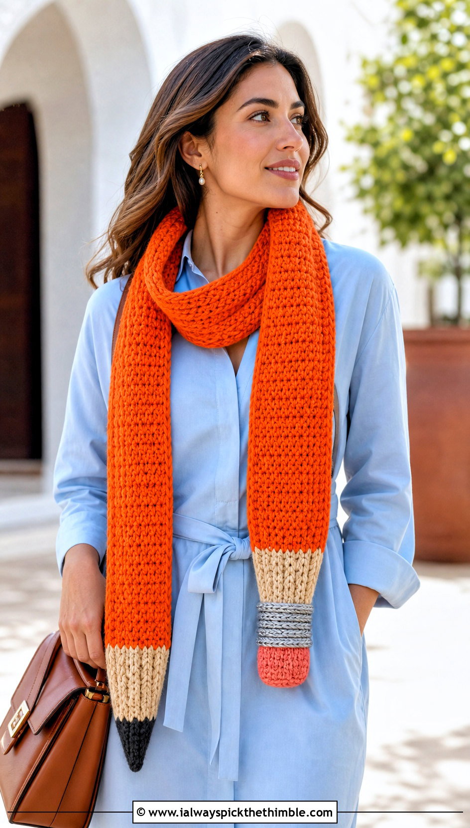 Double Crochet Pencil Scarf With Shirt Dress - 20 Crochet Pencil Scarf outfit ideas