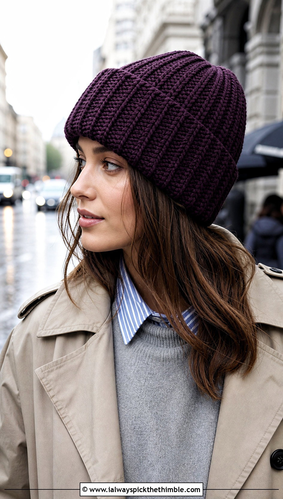 Double Cuff Crochet Ribbed Beanie With Trench Coat - 20 easy crochet ribbed beanie outfit ideas