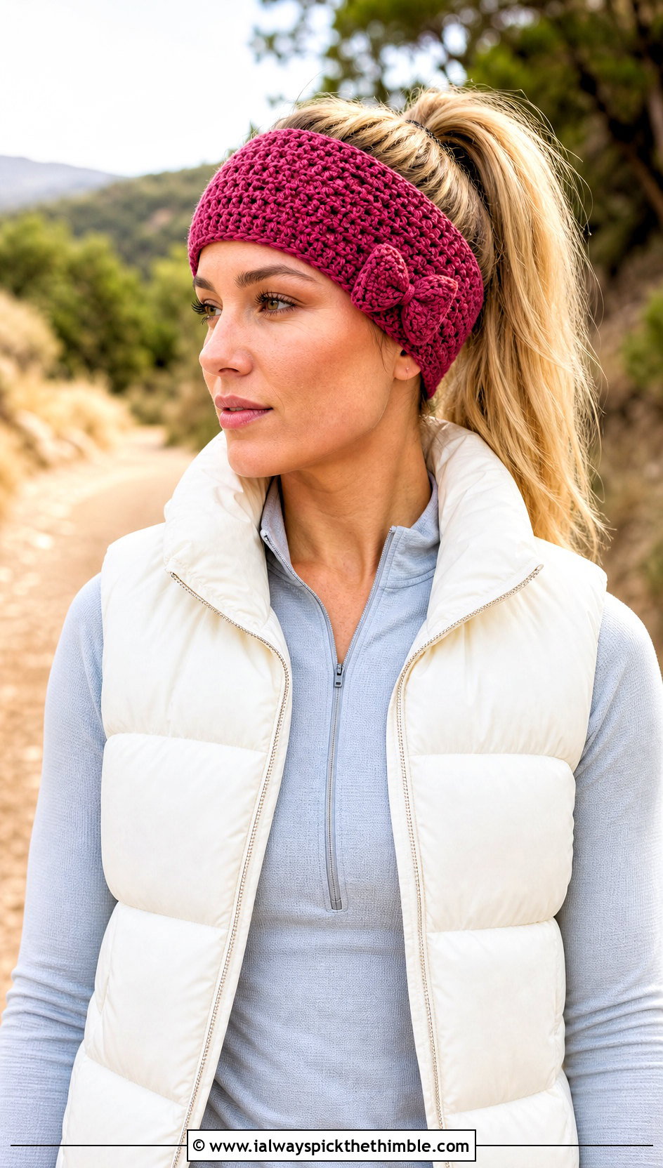 Double Layer Crochet Headband With Bow And Puffer Vest - 20 crochet headband with bow outfit ideas