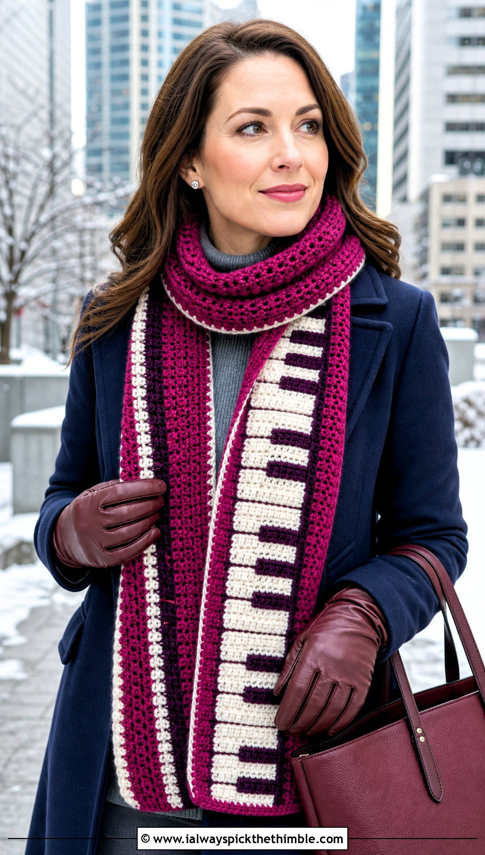Double Layer Crochet Piano Scarf With Wool Coat - 25 crochet piano scarf outfit ideas
