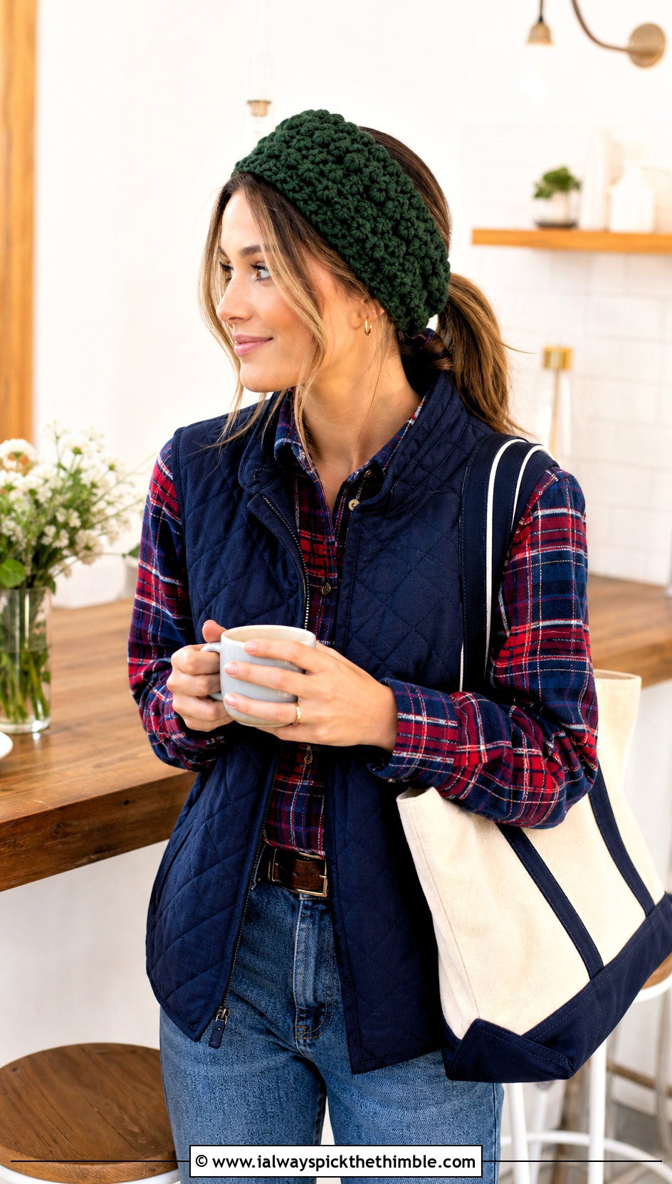 Double Layer Jasmine Stitch Headband With Quilted Vest - 20 Crochet Jasmine Stitch Headband outfit ideas