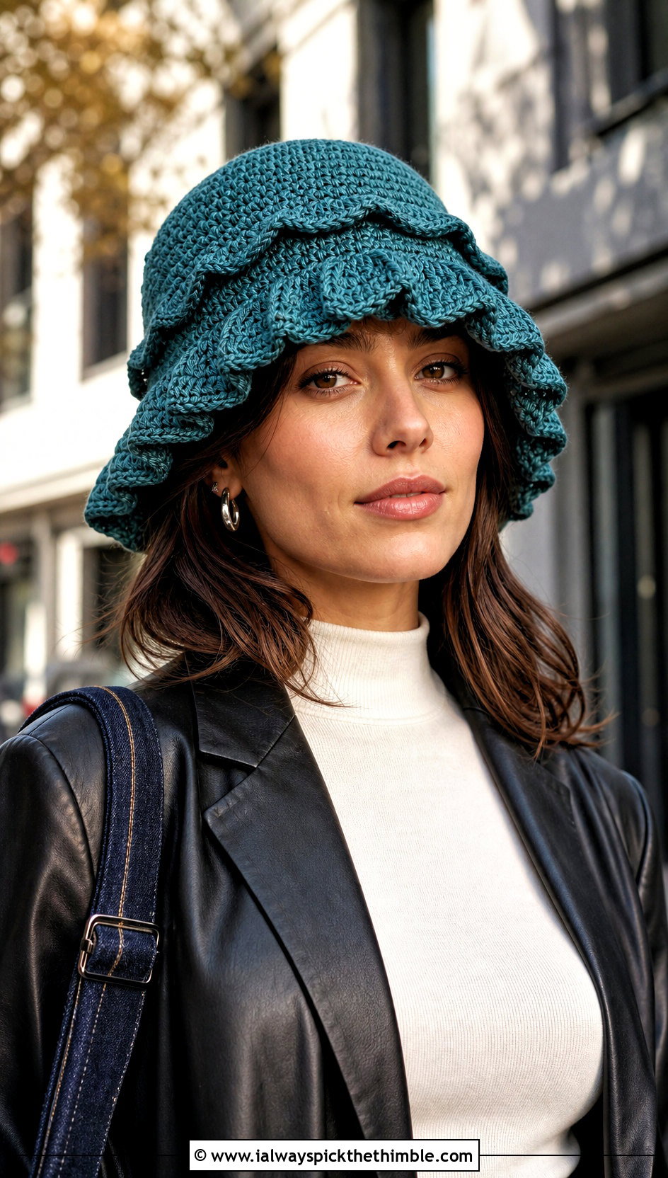 Double Layer Ruffle Crochet Bucket Hat With Leather Blazer And Denim Skirt - 20 Frilly Crochet Bucket Hat outfit ideas