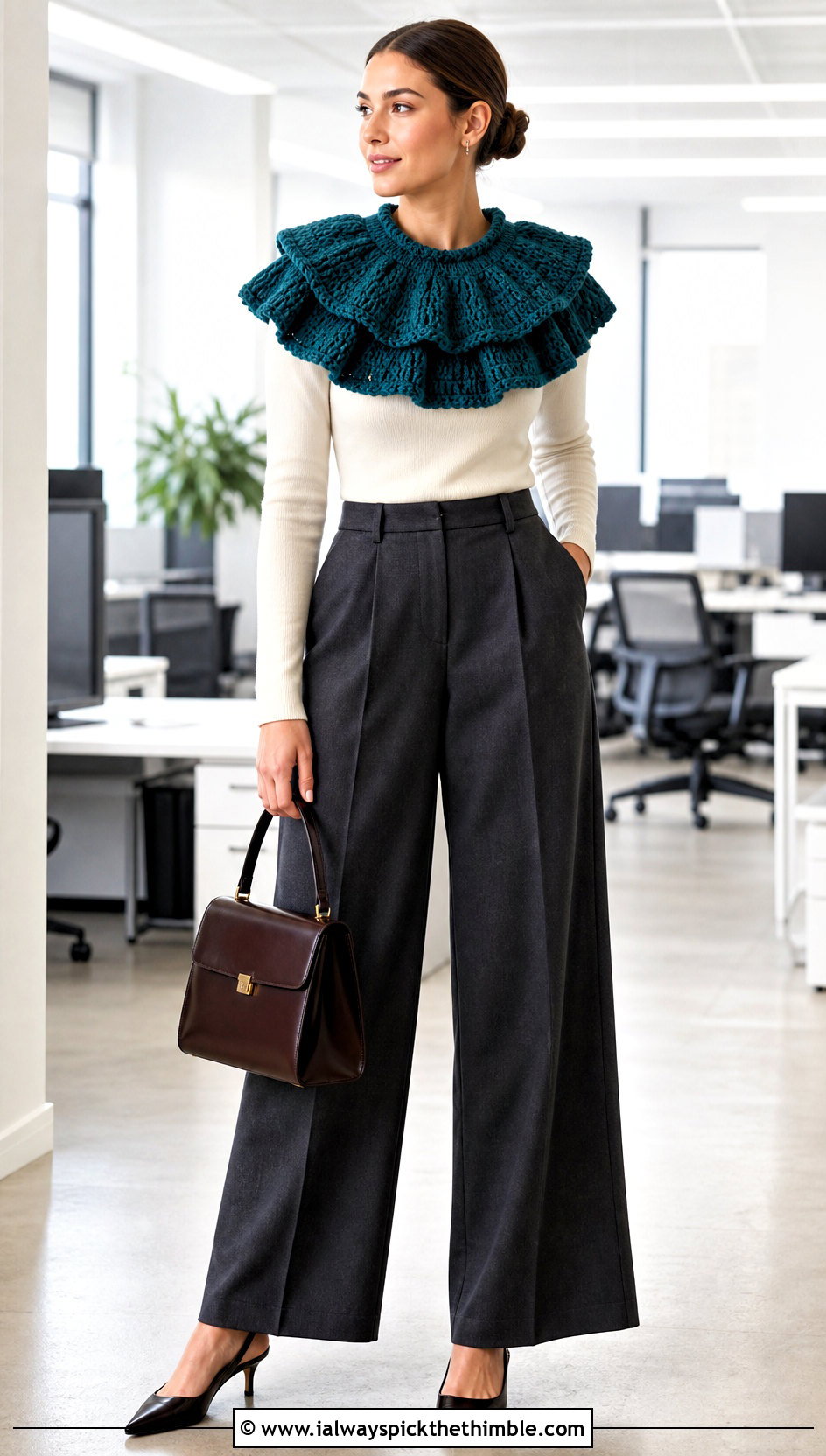 Double Layer Ruffle Crochet Clown Collar With Tailored Trousers - 25 crochet clown collar outfit ideas