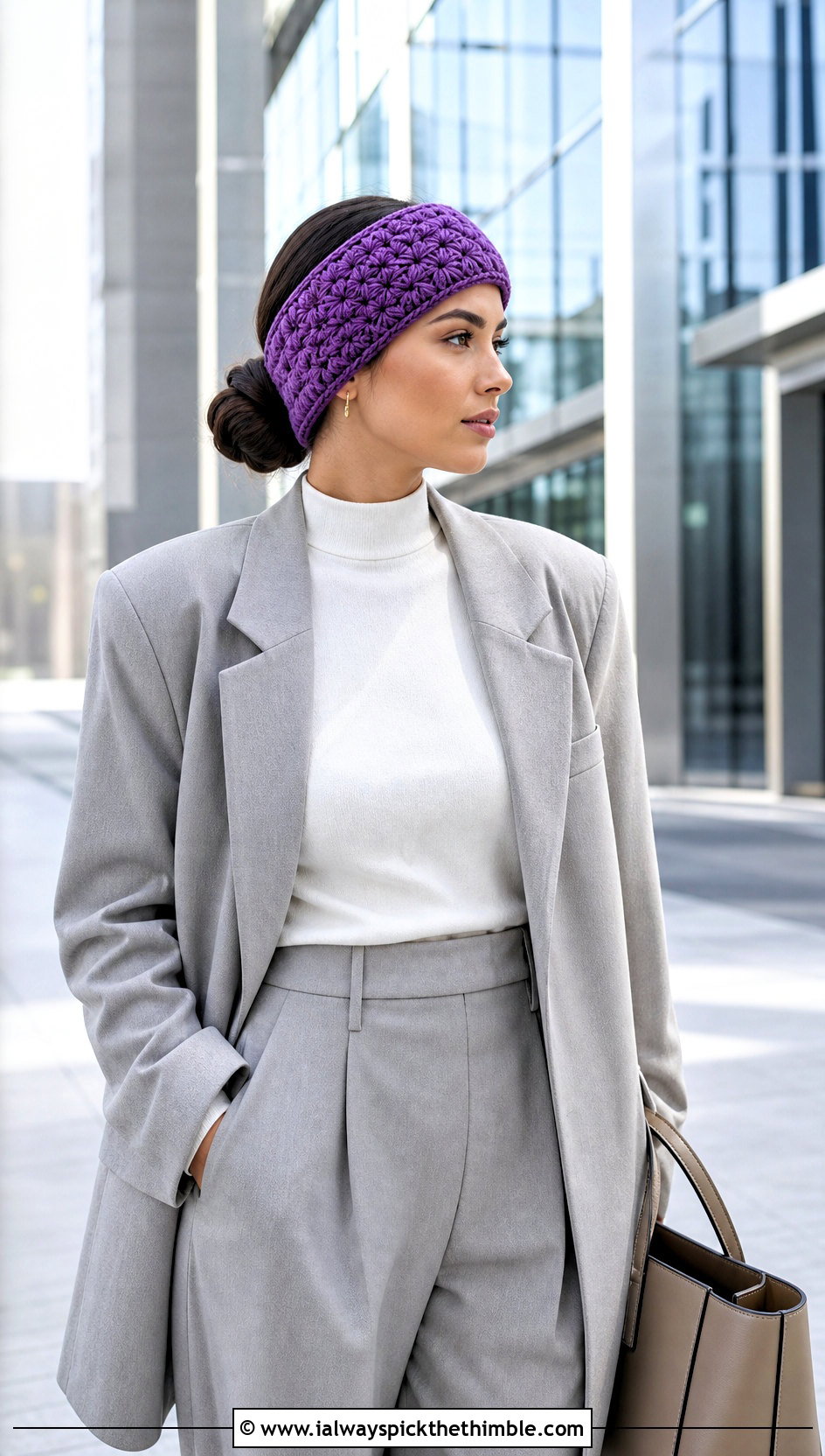 Double Layered Crochet Star Stitch Ear Warmer With Oversized Suit - 15 Crochet Star Stitch Ear Warmer outfit ideas