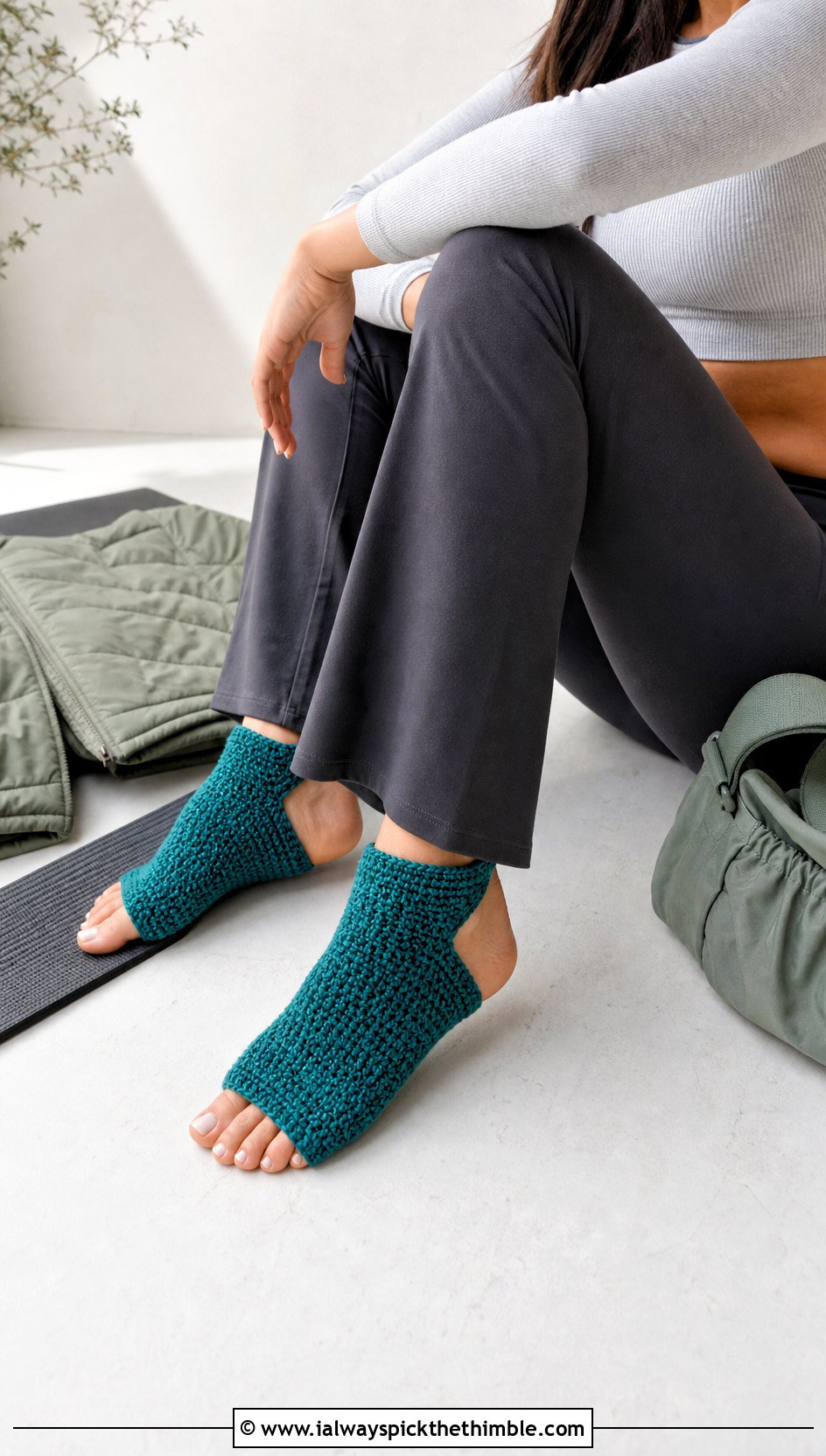 Double Moss Crochet Yoga Socks With Flared Yoga Pants - 25 crochet yoga socks outfit ideas