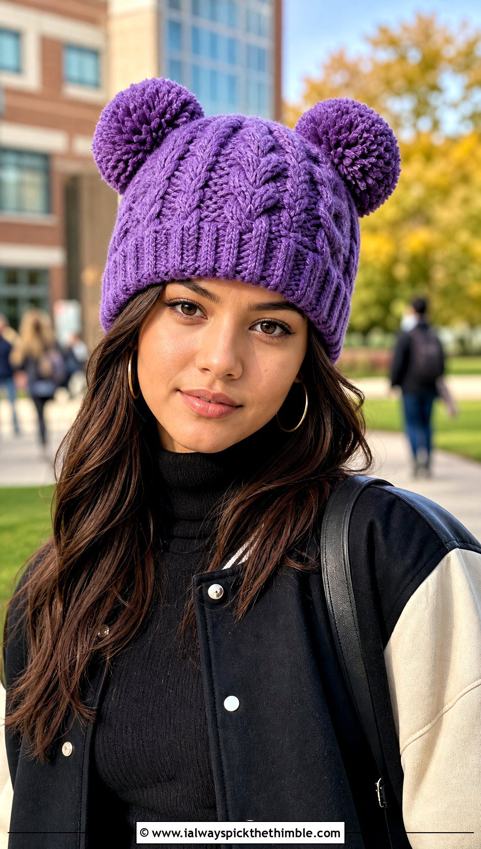 Double Pom Cable Hat With Varsity Jacket - 20 Crochet Cable Stitch Hat outfit ideas