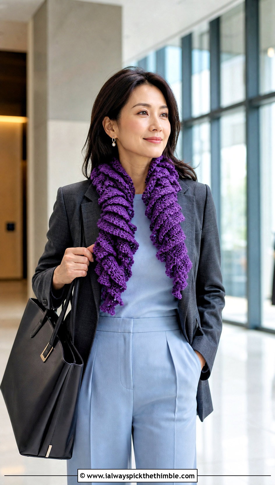 Double Ruffle Boa Crochet Scarf With Blazer And Trousers - 20 crochet ruffle scarf outfit ideas