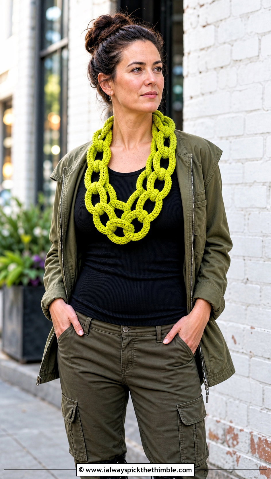 Double Strand Chain Link Crochet Scarf With Utility Jacket - 15 Chain Link Crochet Scarf outfit ideas