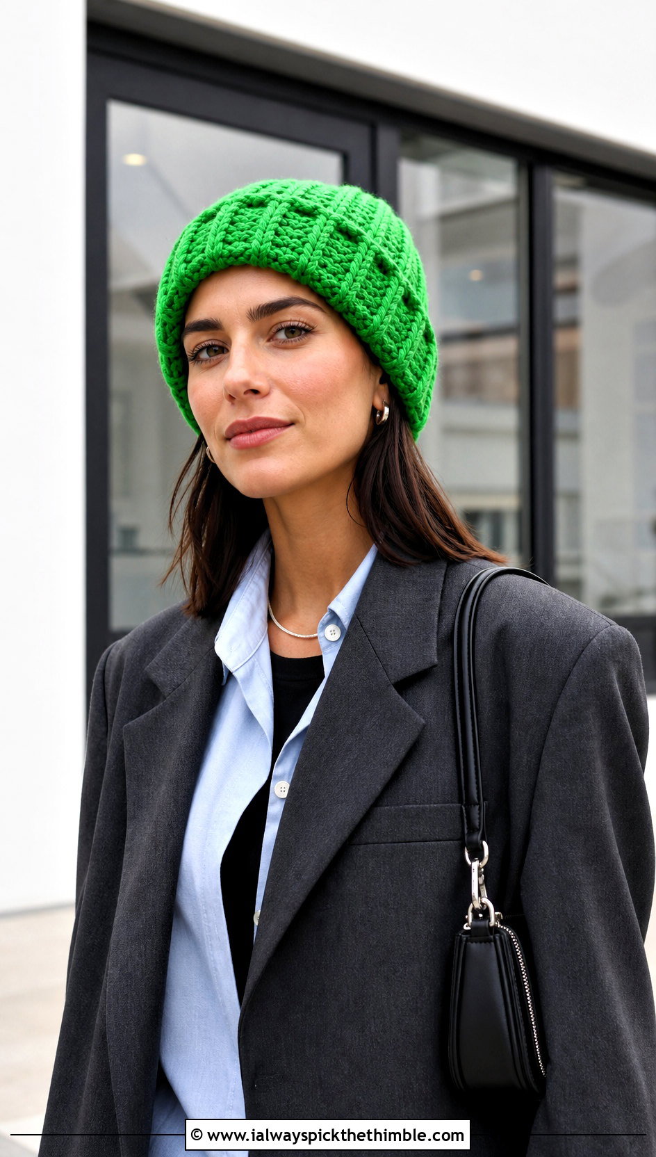 Double Waffle Stitch Beanie With Tailored Blazer - 20 Waffle Crochet Hat outfit ideas