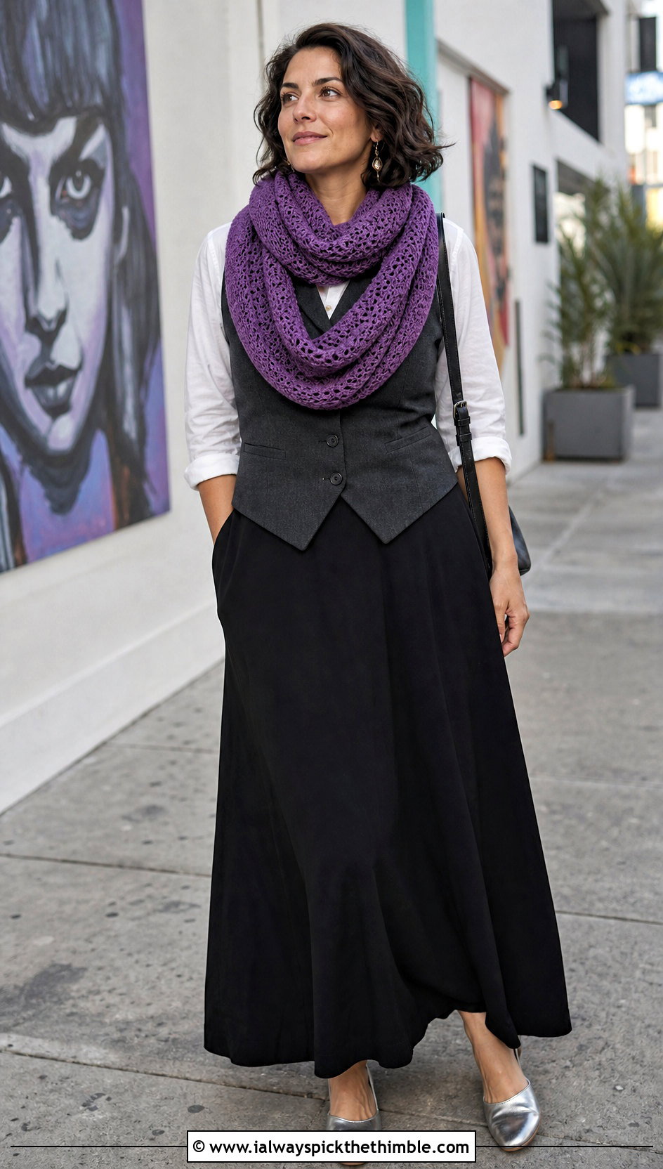 Double Wrap Crochet Infinity Scarf With Tailored Vest And Maxi Skirt - 15 Crochet Infinity Scarf On Hanger outfit ideas