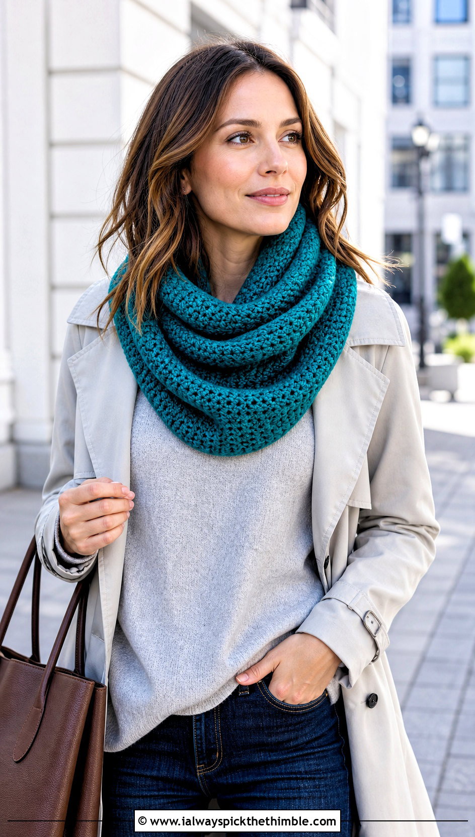 Double Wrap Infinity Crochet Cowl With Trench Coat - 20 cowl crochet scarf outfit ideas