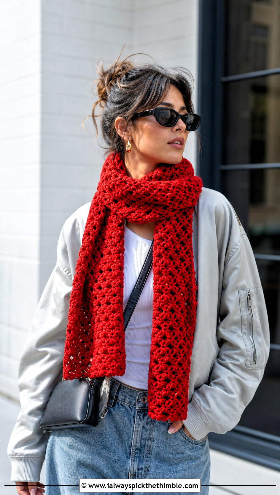 Double Wrap Star Stitch Scarf With Bomber Jacket - 20 Crochet Star Stitch Scarf outfit ideas