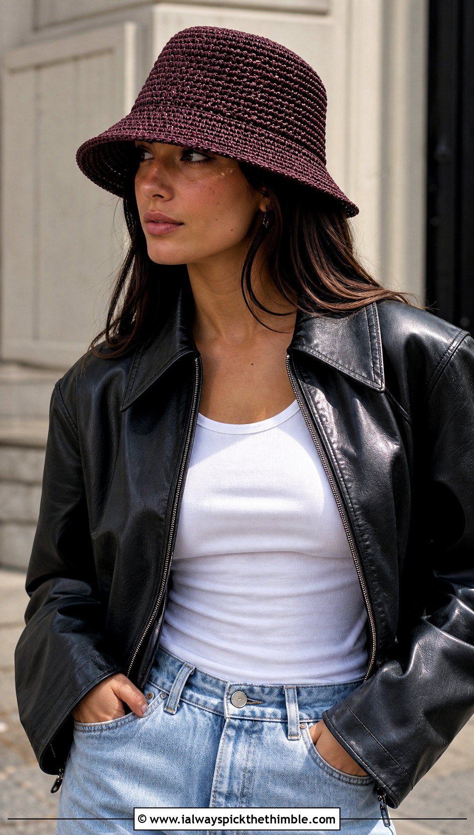 Downturned Brim Crochet Raffia Sun Hat With Leather Jacket And Jeans - 20 Crochet Raffia Sun Hat outfit ideas