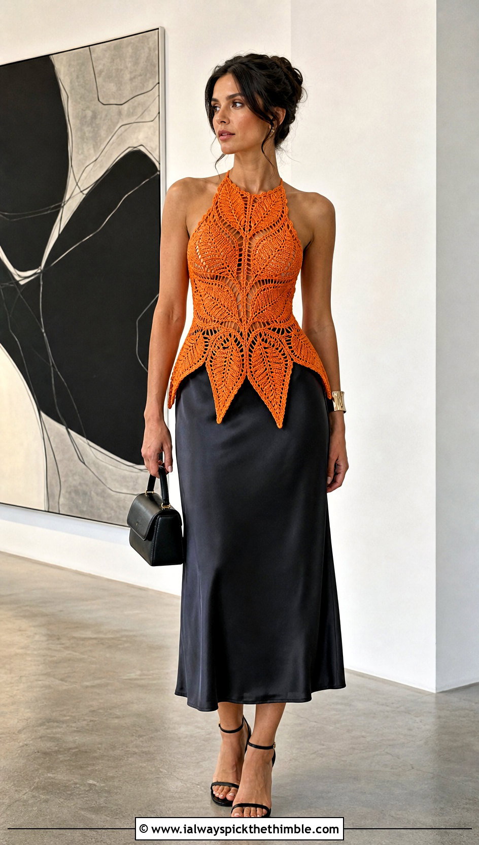 Downward Leaf Crochet Top With Satin Midi Skirt - 15 crochet top with leaf outfit ideas