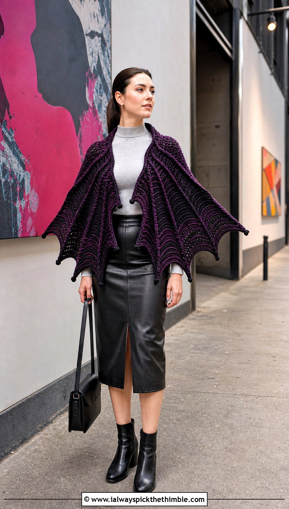 Dragon Bat Wing Crochet Shawl With Leather Midi Skirt - 20 bat wing crochet shawl outfit ideas