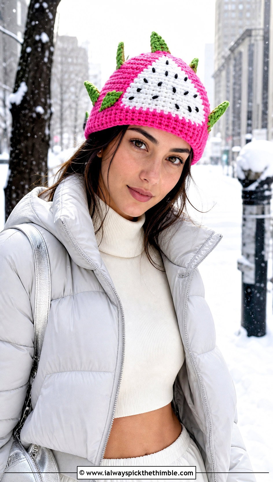 Dragon Fruit Crochet Beanie With White Denim - 20 crochet fruit beanie outfit ideas