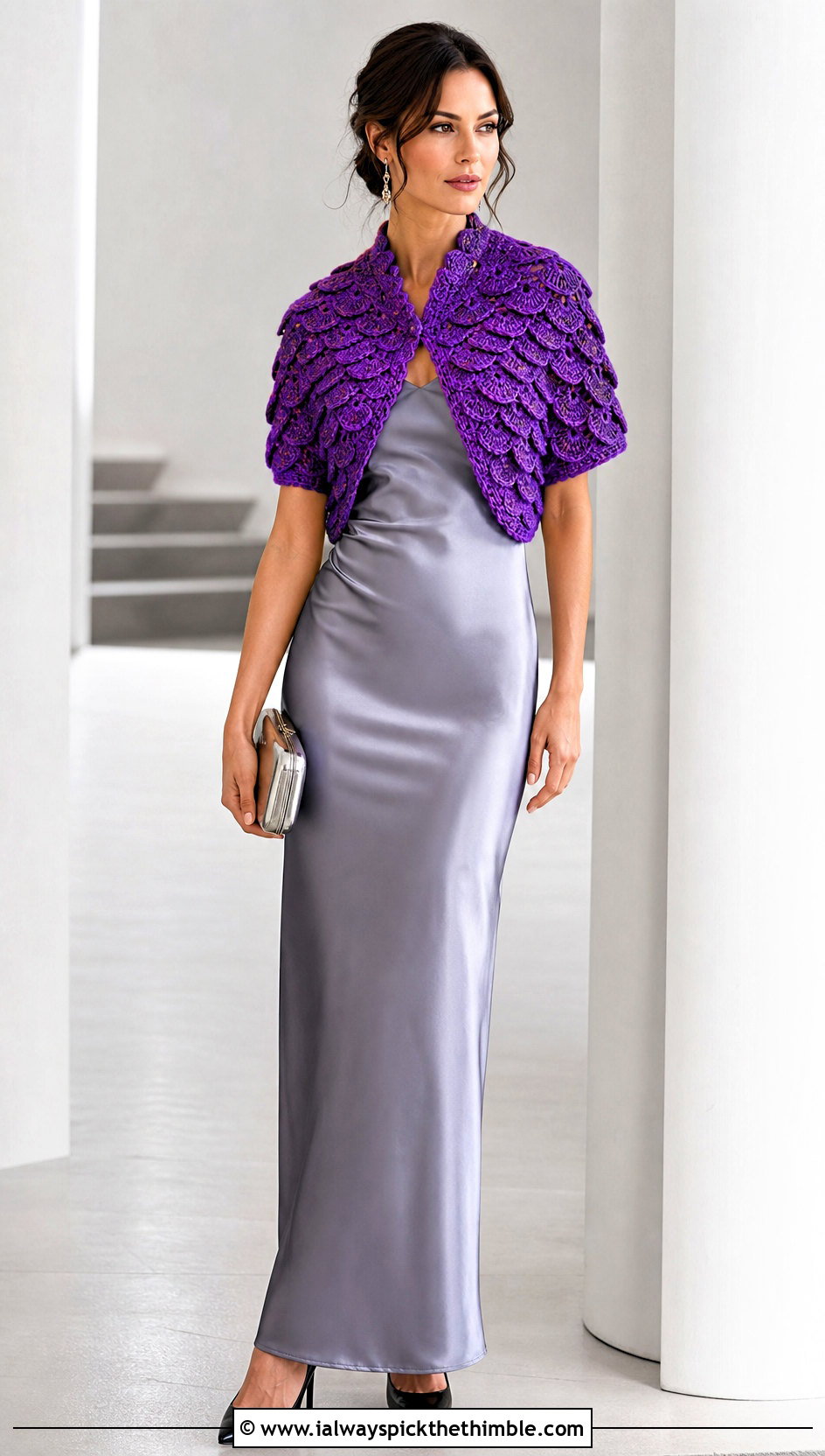 Dragon Scale Crochet Shrug With Satin Dress - 25 fantasy crochet clothes and outfit ideas