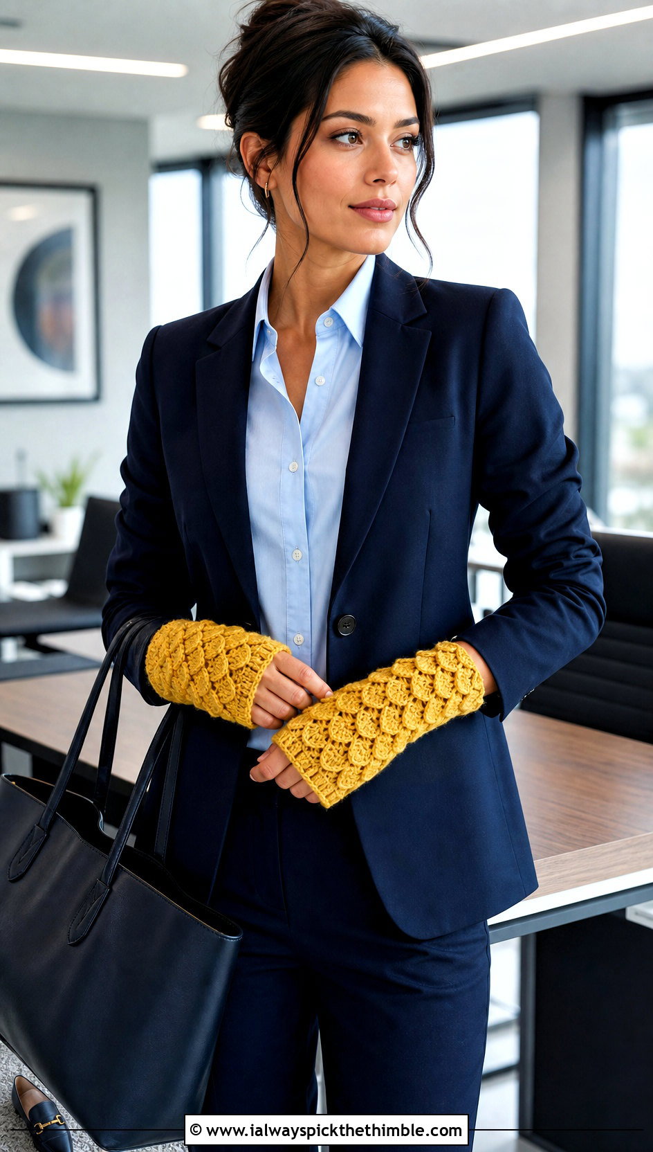 Dragon Scale Crochet Wrist Warmers With Blazer And Trousers - 20 dragon scale crochet gloves outfit ideas