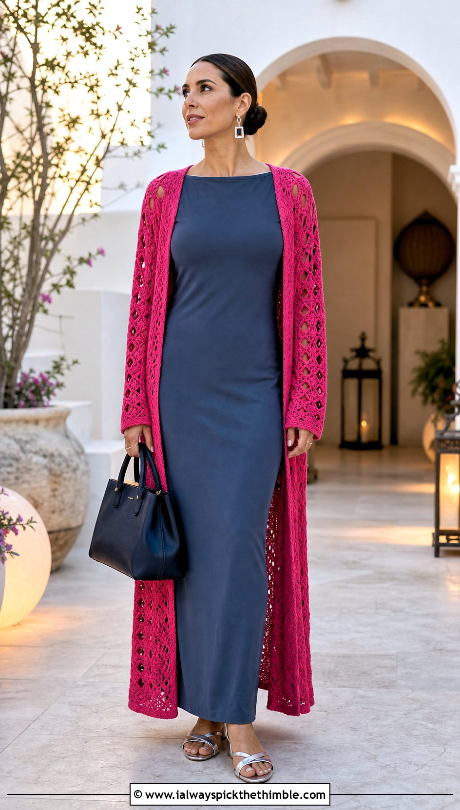 Dragonfruit Pink Crochet Duster Cardigan With Column Dress - 25 pink crochet outfit ideas