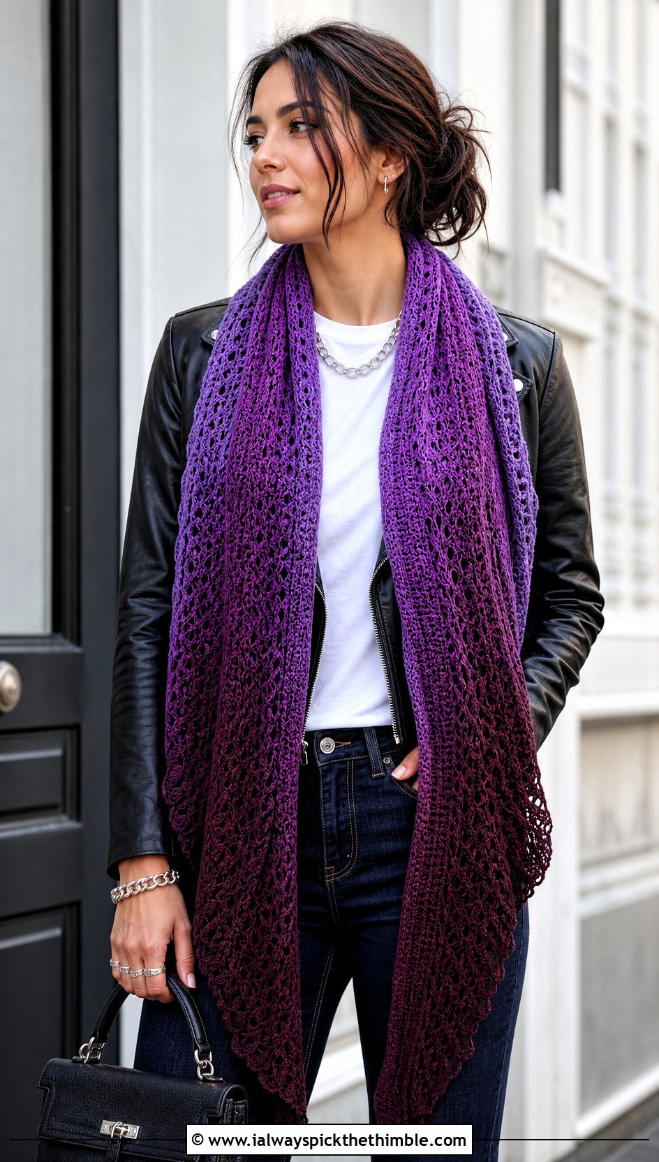 Drape Transition Scarf With Leather Jacket - 15 Scheepjes Whirl Crochet Scarf outfit ideas
