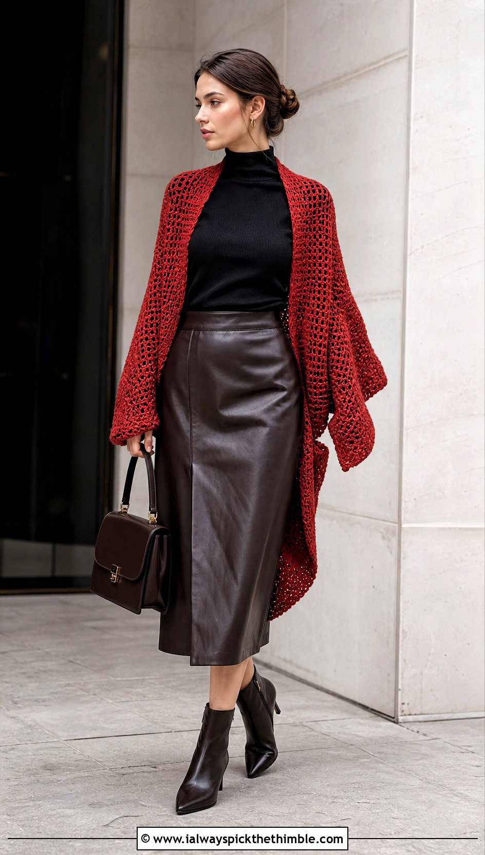 Draped Back Habitat Crochet Cardigan With Leather Midi Skirt - 20 Habitat Crochet Cardigan outfit ideas