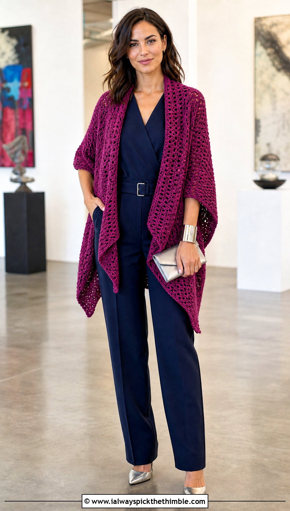 Draped Crochet Blanket Sweater With a Jumpsuit - 20 crochet blanket sweater outfit ideas