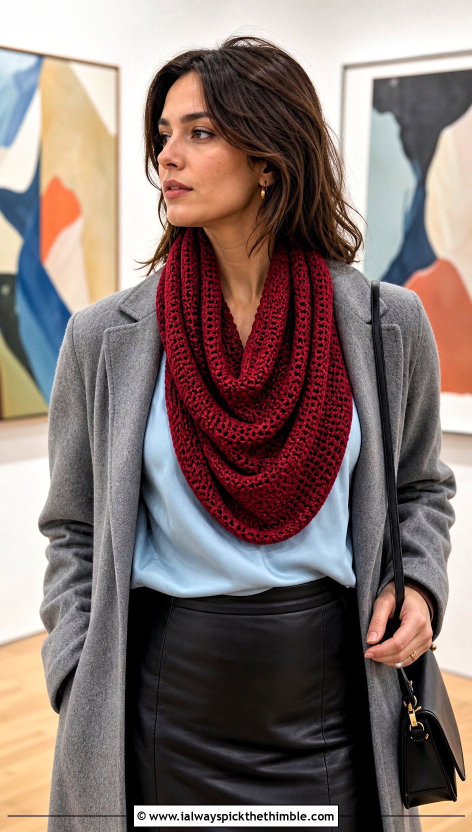 Draped Crochet Cowl With Blouse And Leather Skirt - 15 Crochet For Cowl Scarf outfit ideas