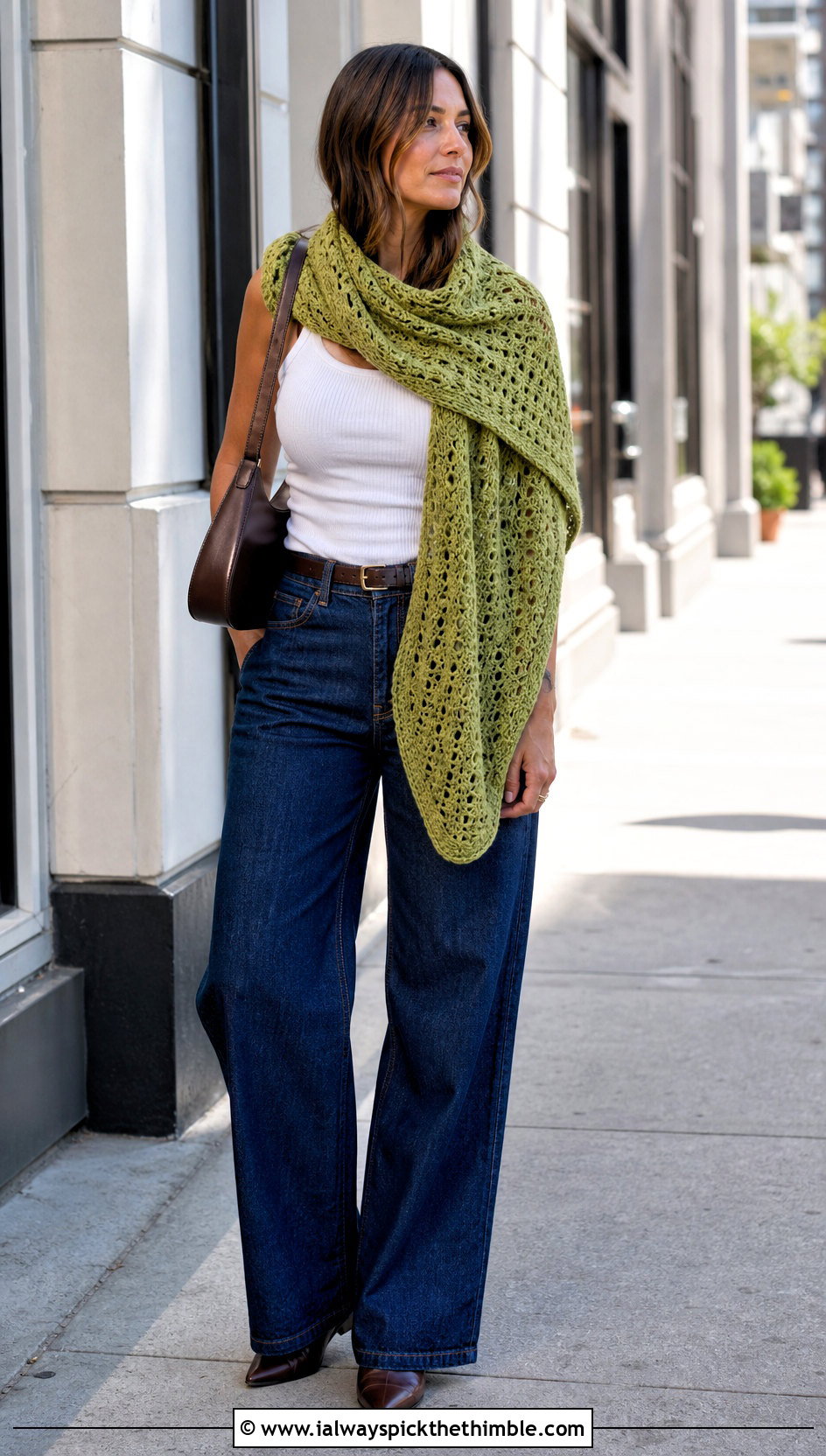Draped Crochet Sweater Scarf With Wide Leg Jeans - 25 crochet sweater scarf outfit ideas