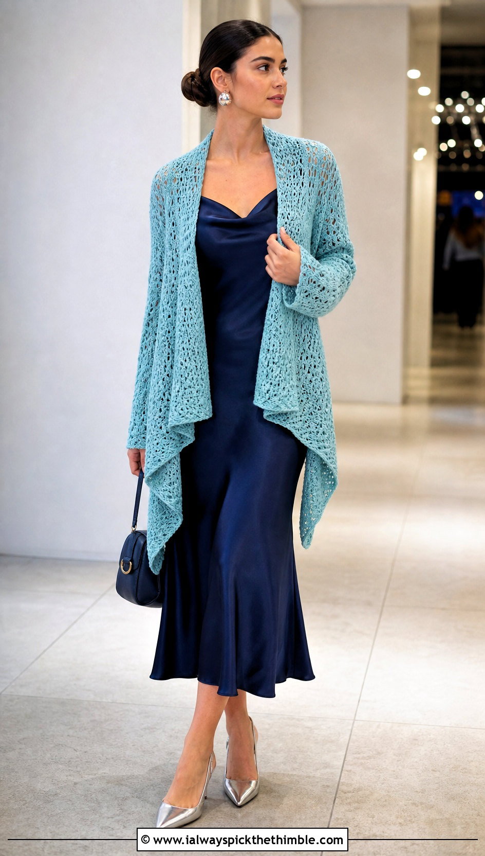 Draped Riverbed Crochet Cardigan With Slip Dress - 20 riverbed crochet cardigan outfit ideas