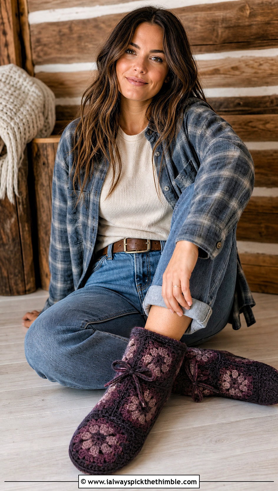 Drawstring Bootie Granny Square Slipper Socks With Jeans And A Flannel Shirt - 15 Granny Square Slipper Socks outfit ideas