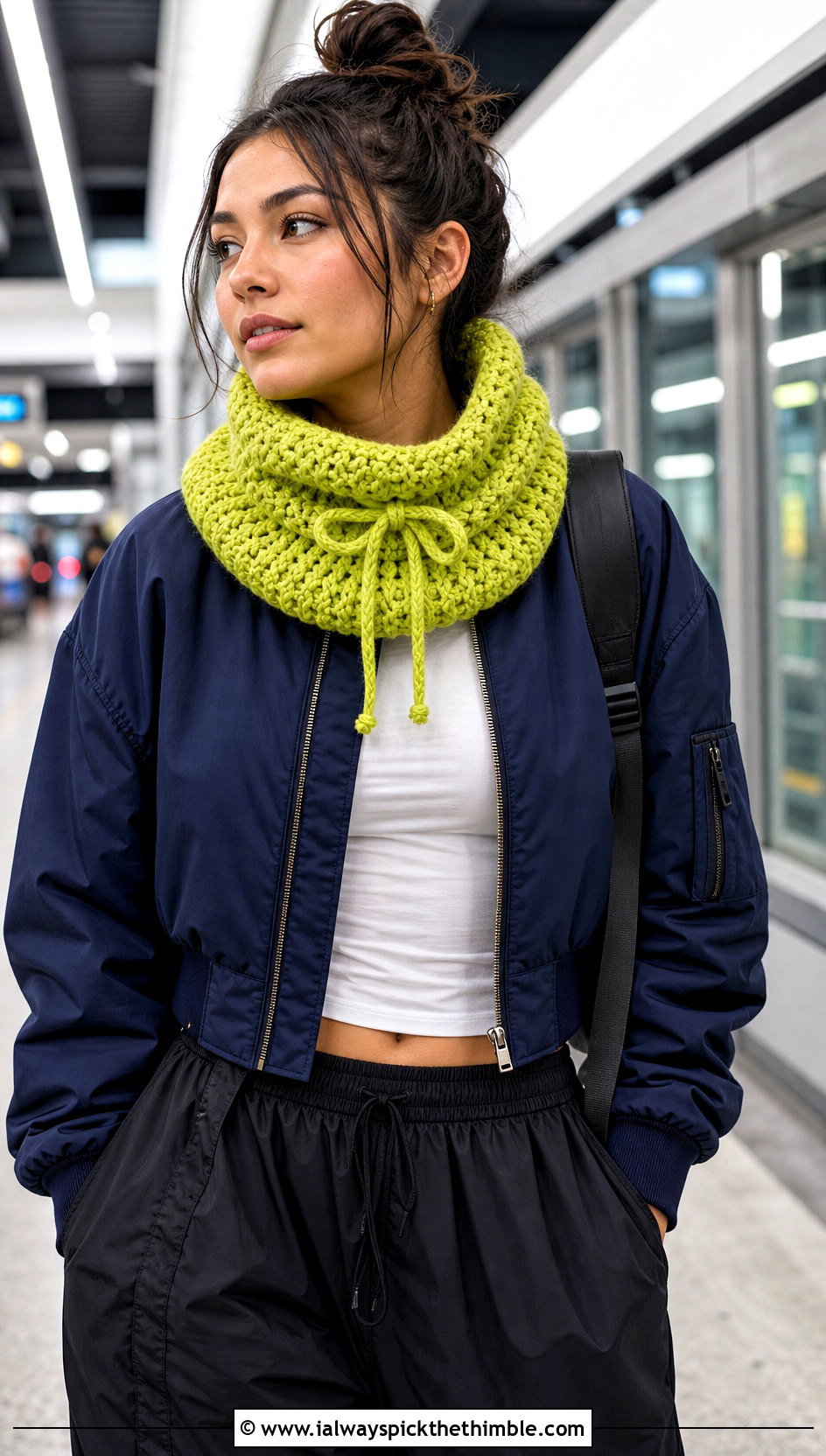 Drawstring Bulky Crochet Cowl With Bomber Jacket - 20 Bulky Crochet Cowl outfit ideas