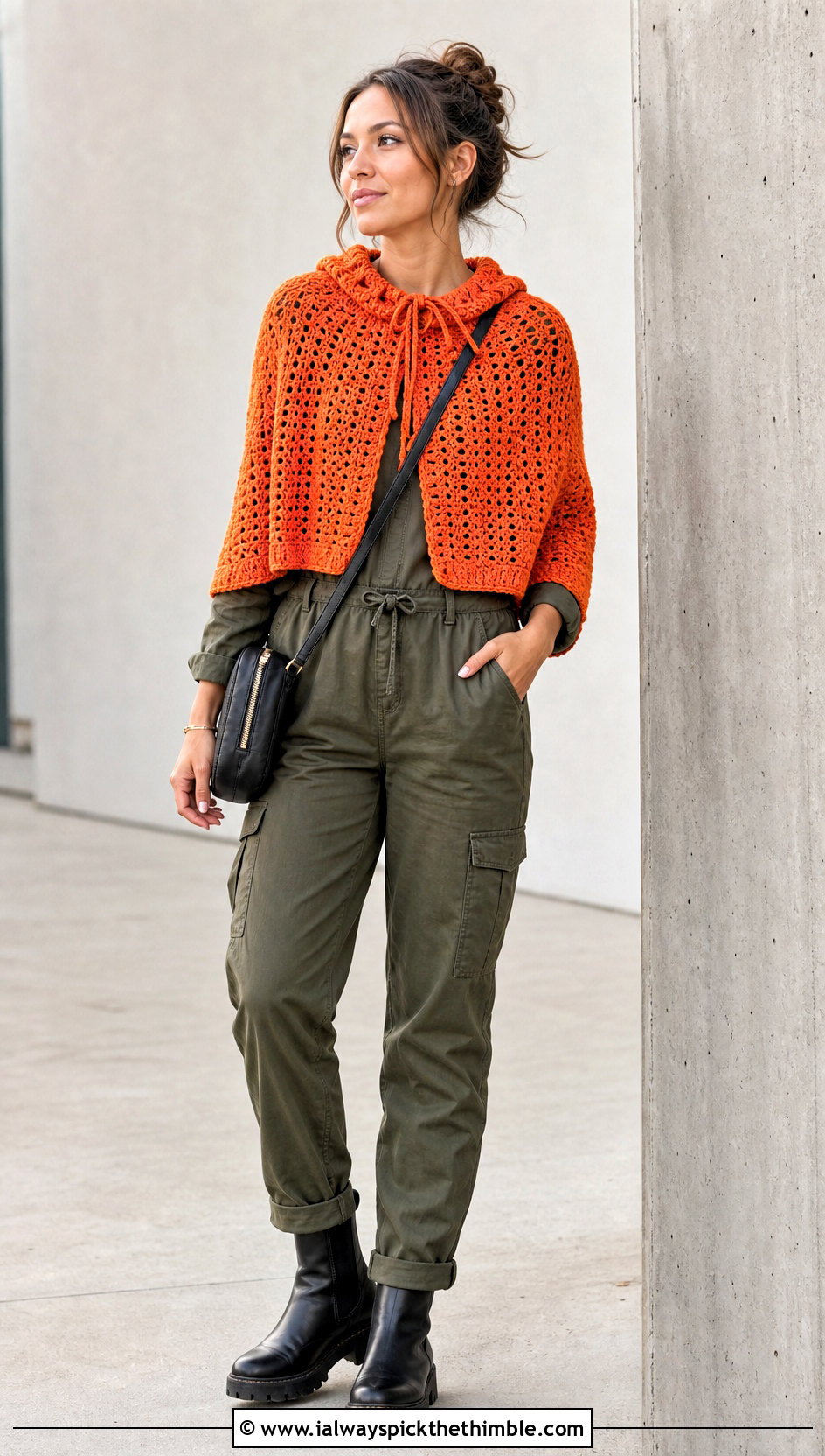 Drawstring Collar Crochet Poncho With Utility Jumpsuit - 20 Crochet Poncho With Collar outfit ideas