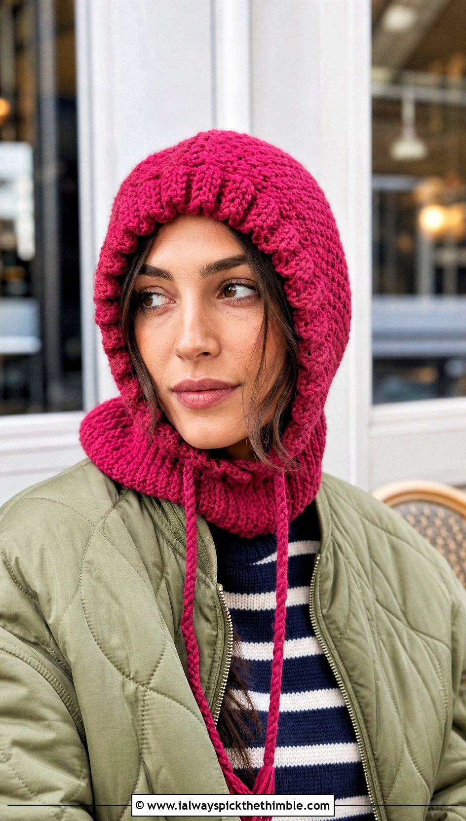 Drawstring Crochet Balaclava With Quilted Jacket - 25 crochet baclava hat outfit ideas