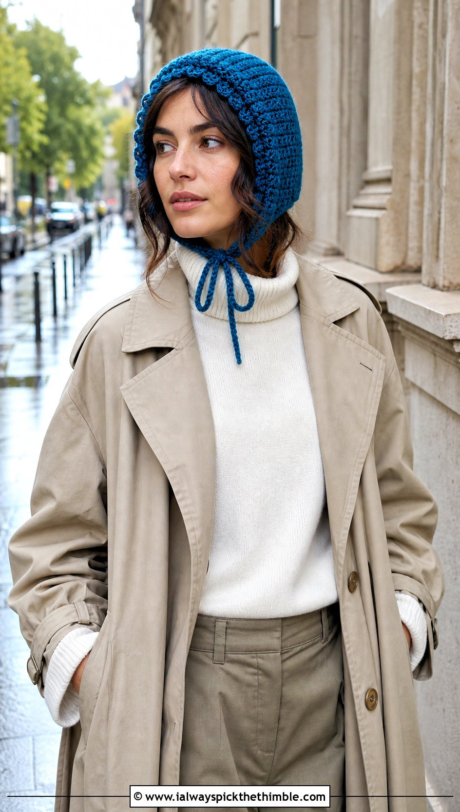 Drawstring Crochet Bonnet With Trench Coat - 20 Easy Crochet Bonnet outfit ideas