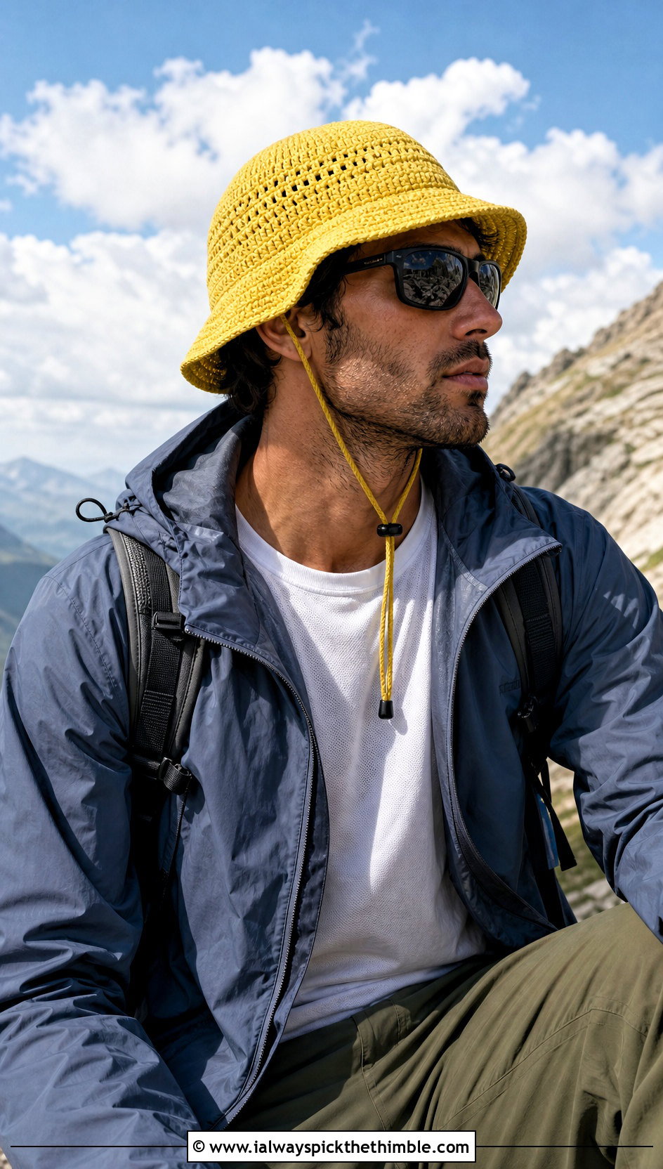 Drawstring Crochet Bucket Hat With Gorpcore Layers - 15 Crochet Mens Bucket Hat outfit ideas